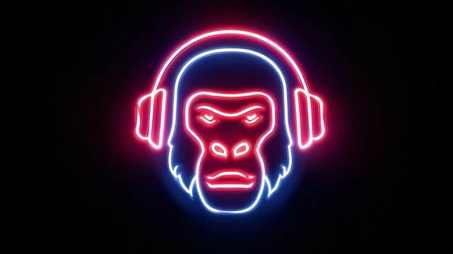 Neon Monkey Silhouette Listening to Music with Headphones Isolated Dark Background, Video