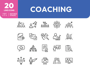 Coaching Icons: 20 Editable Line Icons Set for Business Development.