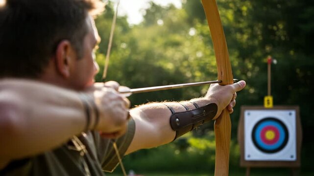 A European-looking archer in sports gear pulls a bow, aims at a bright target against the backdrop of green nature. A realistic close-up photo from the camera from behind emphasizes the concentration 