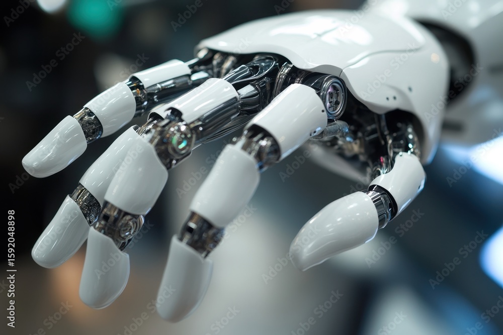 Poster explore the intricate design of a futuristic robotic hand featuring advanced metallic elements and a