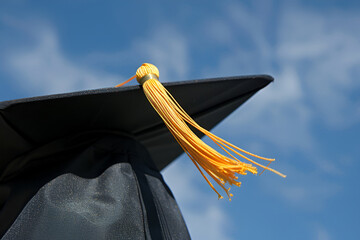 Graduation cap with a bright yellow tassel against a clear blue sky, symbolizing achievement, education, and celebration of academic success in a vibrant outdoor setting