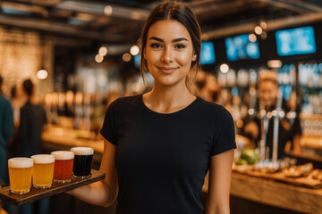 Beautiful waitress Presenting Craft Beer Tasting Flight in Modern Bar

