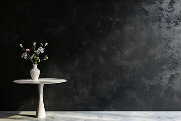 Elegant white vase with fresh flowers placed on a minimalist round table against a textured dark wall, creating a serene and stylish interior decor atmosphere, with copy space