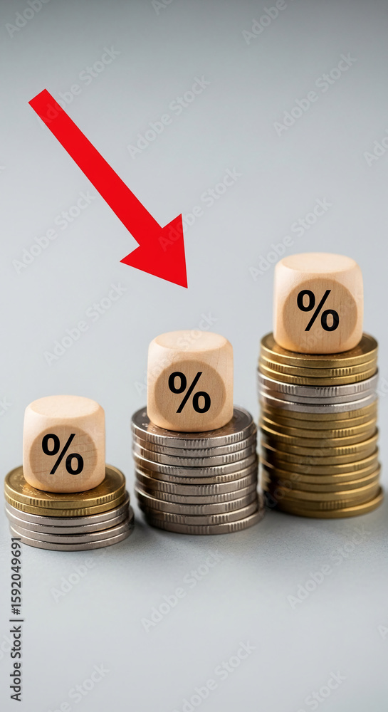 Poster three coin stacks with percentage cubes, decreasing in size, and a red downward arrow. shows decreas
