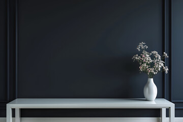Elegant white table with a simple vase of flowers against a dark wall, creating a serene and stylish interior design atmosphere with modern aesthetics, with copyspace