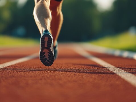 A runner in mid-stride, participating in a marathon on an outdoor track, showcasing athletic attire and equipment used for sport.