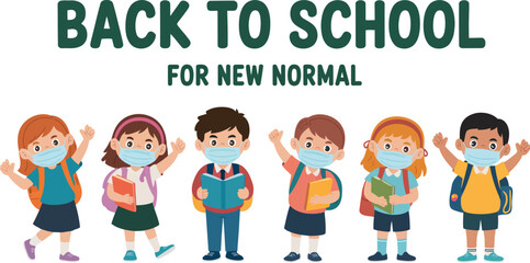Illustration of students wearing masks with back to school for new normal text above them all smiling