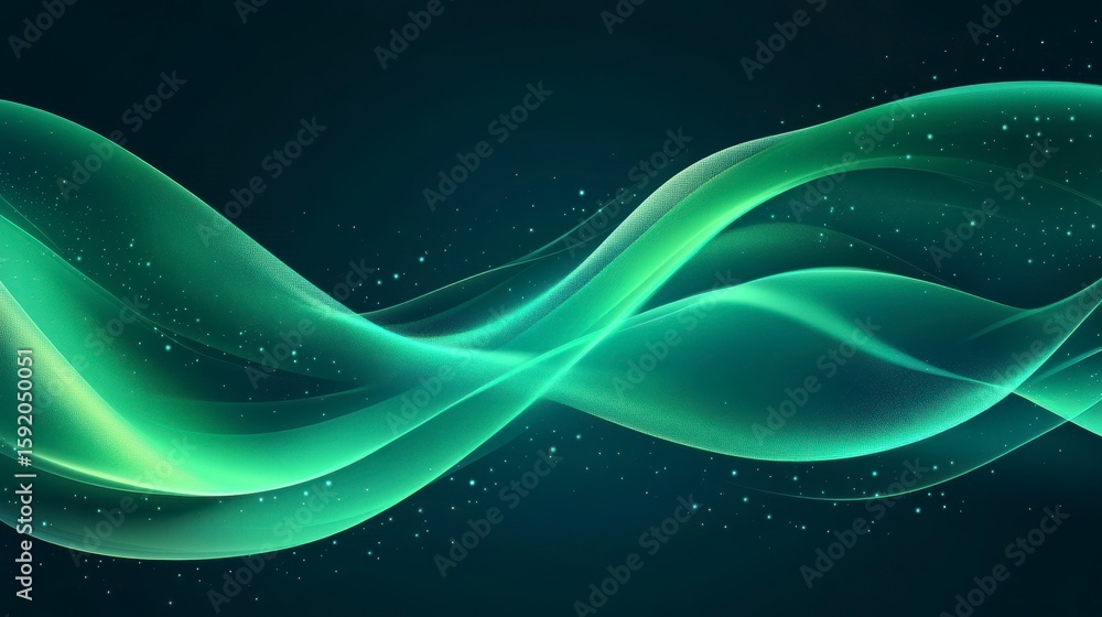 Poster abstract teal green wave flowing on dark background with glowing particles.