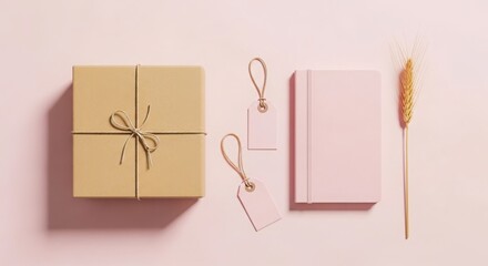 Minimalist flat lay of a gift box tags notebook and wheat stalk on a pink background