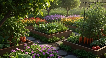 Colorful and Lush Garden Featuring Raised Wooden Beds Filled with Vegetables, Herbs, and Flowers under Sunlight