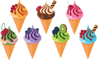 Variety of Delicious Ice Cream Cones with Different Flavors and Toppings on a Transparent Backdrop Vector