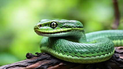 Fototapeta premium Close-up of a Green Snake with Intense Eyes on a Branch