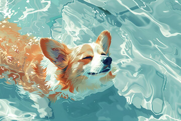 Happy corgi dog swimming in clear blue water, enjoying a sunny day, with ripples reflecting light, showcasing playful nature and joyful spirit in a vibrant aquatic environment