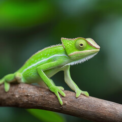 Fototapeta premium Chameleon reptile lizard with green camouflage on tree branch in nature, showcasing exotic wildlife