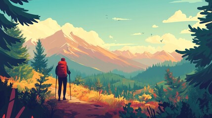 Obraz premium A hiker gazes at a mountain vista. Autumn colors