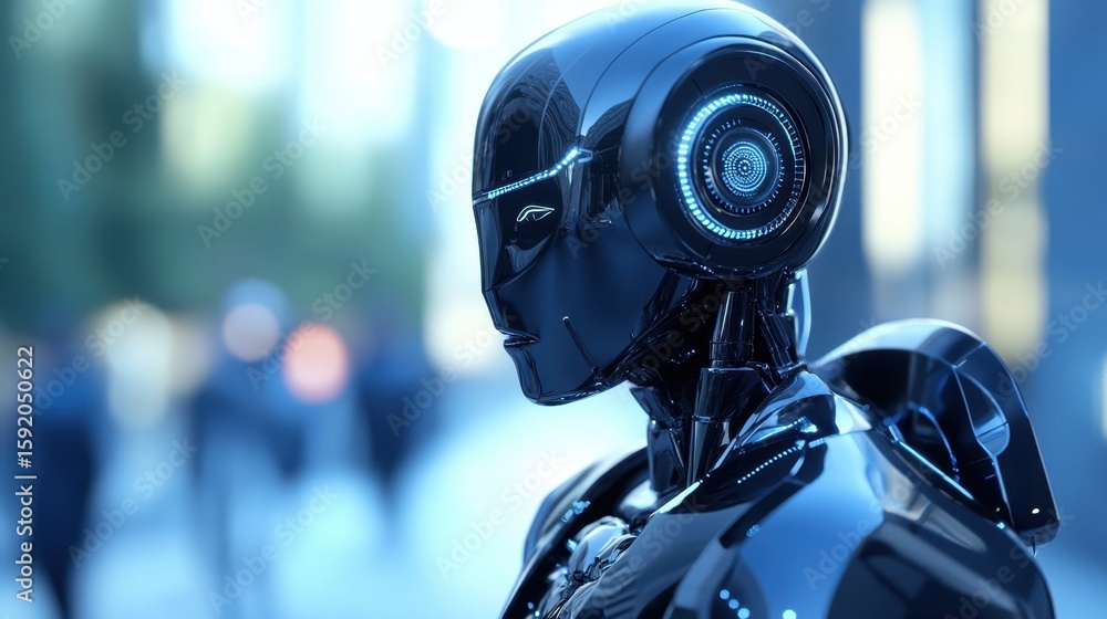 Poster a stunning futuristic humanoid robot showcasing sleek metallic features. its glowing technology and 