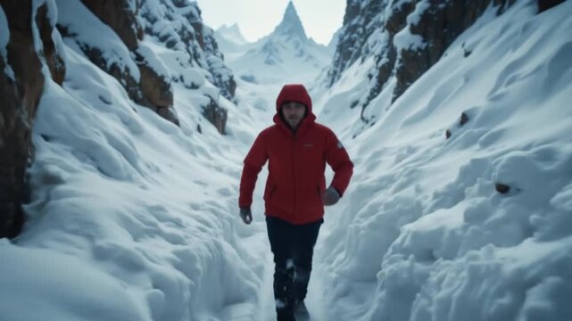 A person in a red jacket runs from an avalanche, symbolizing danger and urgency. 4k video