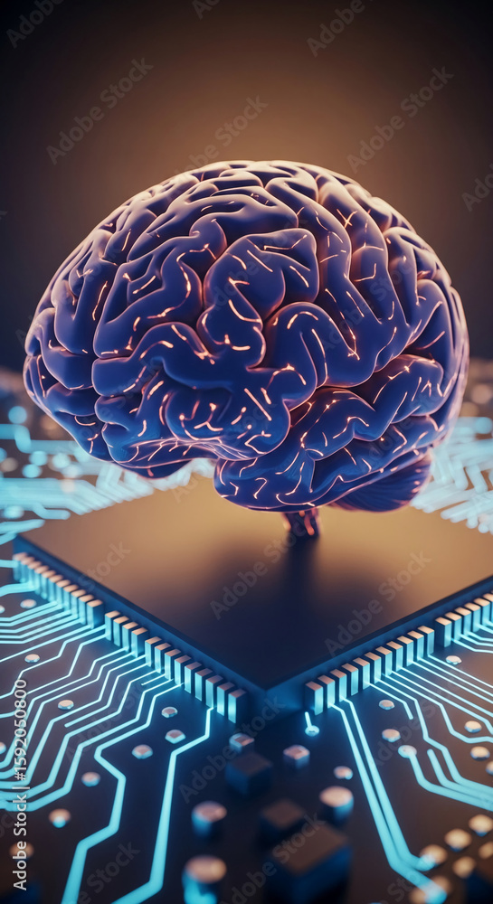 Poster 3d model of human brain on circuit board, showcasing artificial intelligence concept, neural network
