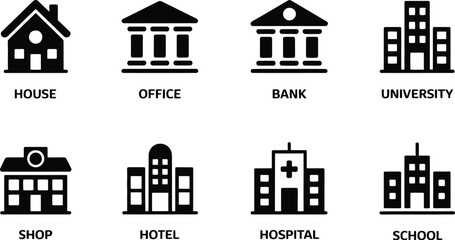 Collection of black and white building icons representing various types of establishments and services