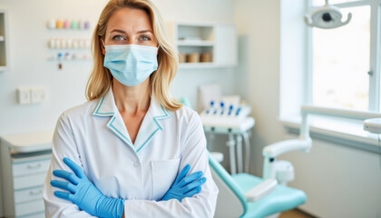 A confident female dentist stands in a bright, modern dental clinic, wearing a medical mask and gloves.
