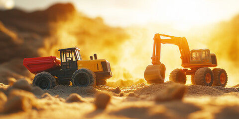 A mini construction crew digs through the sand, kicking up dust plumes and adding dramatic flair to create a cinematic playset moment.