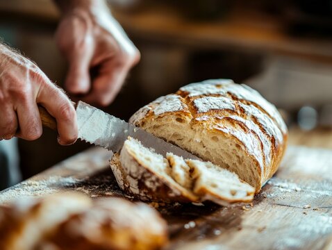 Hand-cut loaf of freshly baked artisan sourdough bread being prepared with a large knife. Shows the traditional baking process. - Powered by Adobe