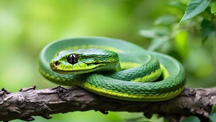 Fototapeta premium Green Tree Snake Coiled on Branch in Lush Forest
