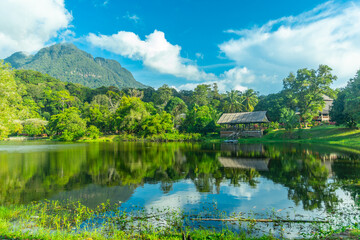 Obraz premium Serene Alpine Lake Amid Rolling Pastoral Green Hills Landscape Photography