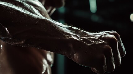 Boxer's sweaty arms in intense fight.