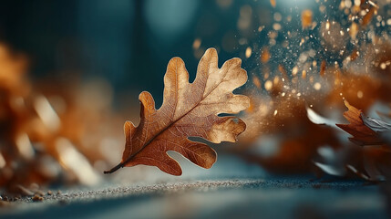 Close-up of an oak leaf falling, in slow motion, with a blurred background, cinematic effect, bokeh effect