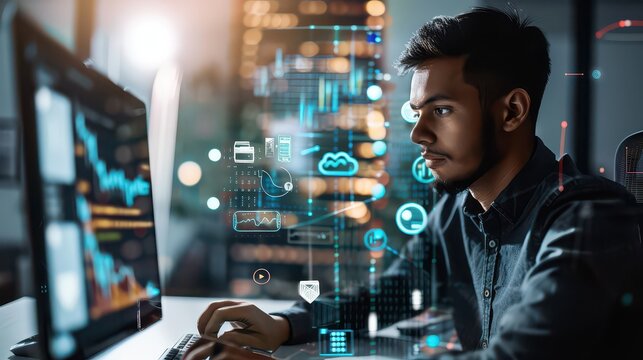 Man working on computer with digital interface overlay in a modern office environment at nighttime