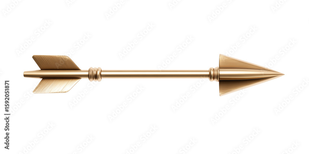 Poster golden arrow with sharp pointed tip and finely detailed feathered end in metallic shine
