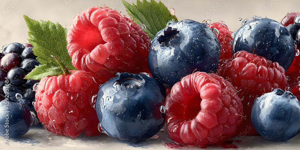 Poster fresh raspberries and blueberries arranged in various clusters isolated on transparent background wi