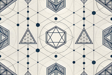 Geometric Pattern with Sacred Geometry Elements featuring Hexagons Triangles and Lines in a...