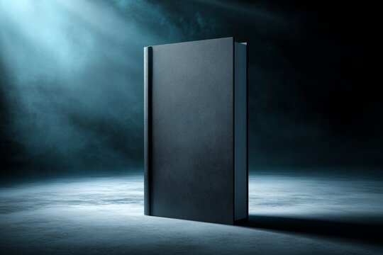 Closed black hardcover book standing upright on textured surface with dramatic spotlight and dark background. Studio book mockup for branding and editorial design.