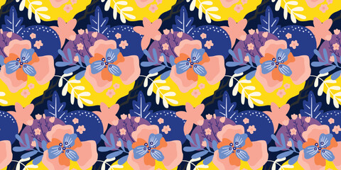 textile motif design pattern of flowers and leaves, with a garden theme