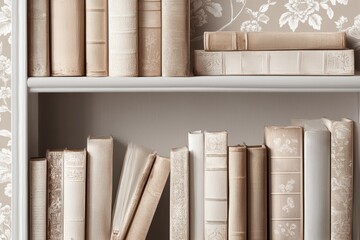 Vintage beige books arranged on white bookshelf next to floral wallpaper. Interior decor concept with neutral tones and classic bindings. Design for wallpaper, banner, card, poster, invitation.