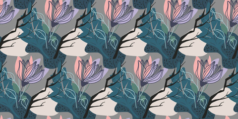 textile motif design pattern of flowers and leaves, with a garden theme