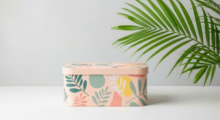 A stylish coral pink storage box adorned with a playful abstract botanical leaf pattern