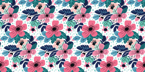 textile motif design pattern of flowers and leaves, with a garden theme