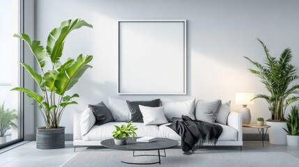 Modern living room interior design with plants and minimalist furnishings.