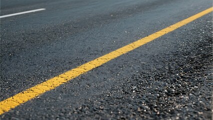 Fototapeta premium Close-up view of asphalt road surface with a bright yellow dividing line, textured dark grey road background, transportation infrastructure detail