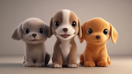 This charming illustration features three adorable cartoon puppies with bright eyes and friendly expressions. Perfect for pet lovers and joyful themes.