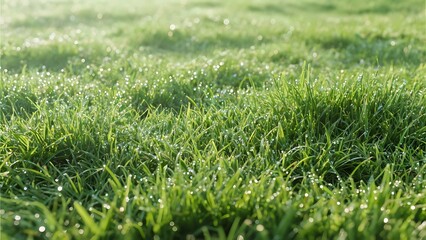 Fototapeta premium Close-up view of lush green grass covered in sparkling morning dew, creating a refreshing and vibrant natural background texture