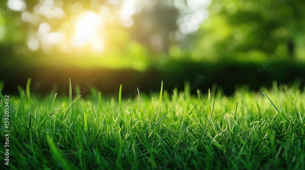 Aufkleber this image showcases a close-up view of fresh green grass illuminated by soft sunlight, creating a t
