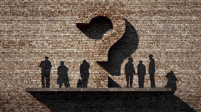 Elderly people question what is next in their lives a question mark in a brick wall is seen with silhouetted elderly men and women in a illustration. saw mark. Illustration - Powered by Adobe