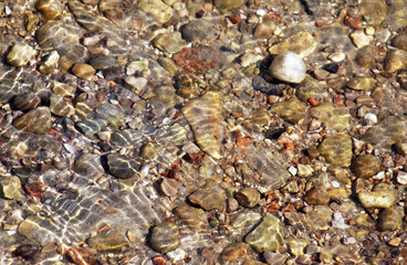 Small rocks and pebbles of different colors and sizes lay at the bottom of shimmering shallow lake waters. Background of textures