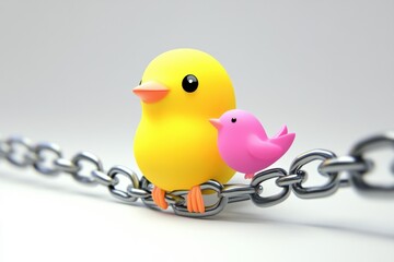 This charming image features a bright yellow bird and a cute pink bird perched on a shiny metal chain, capturing a playful and whimsical essence.