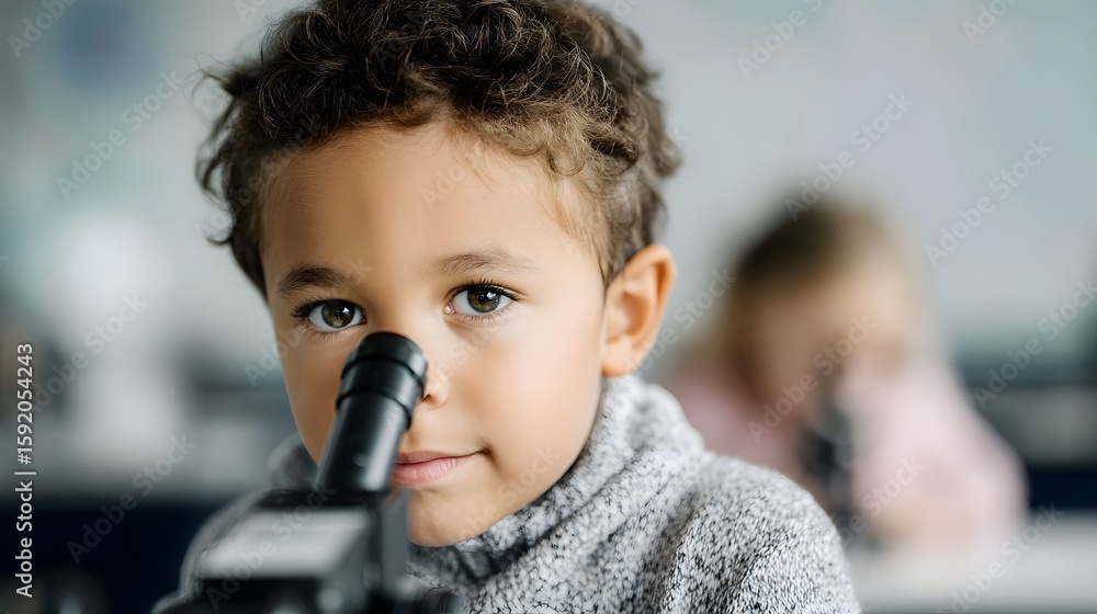 Poster curious child exploring the world through a microscope in a classroom setting