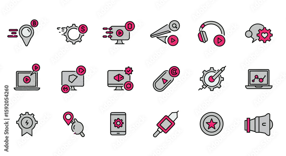 Poster digital icons set: a visually appealing collection of colorful digital icons.